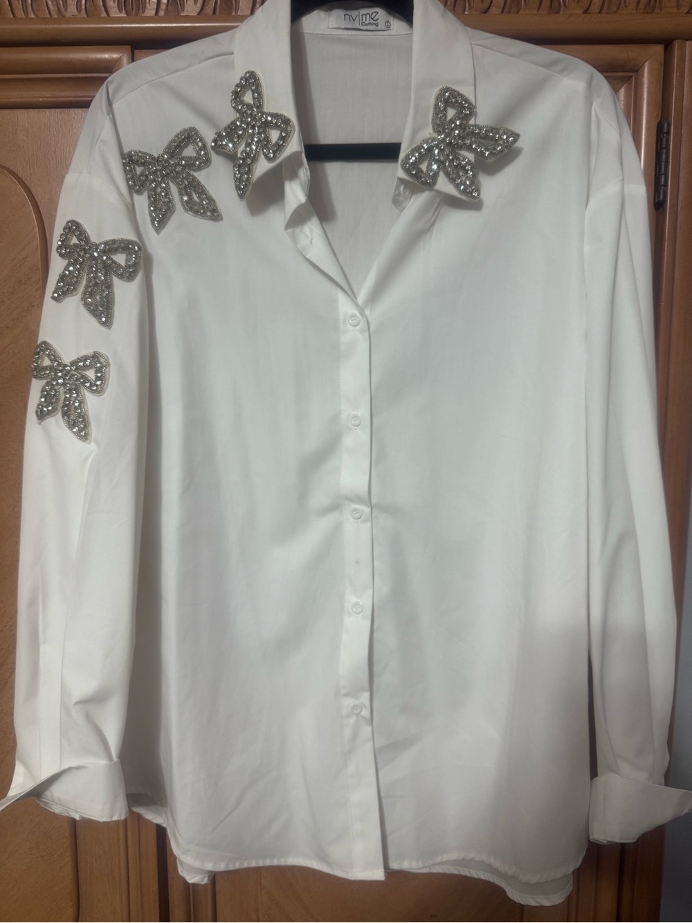 White Embellished Bow Button-Up Shirt